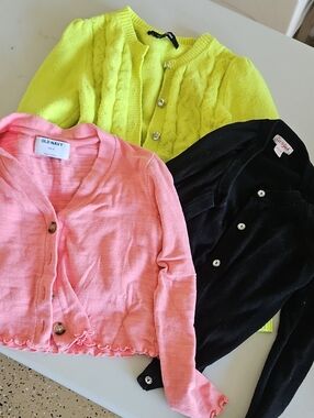 Girls' Pink, Black & Neon Yellow Cardigan Trio - Knit Button-Front